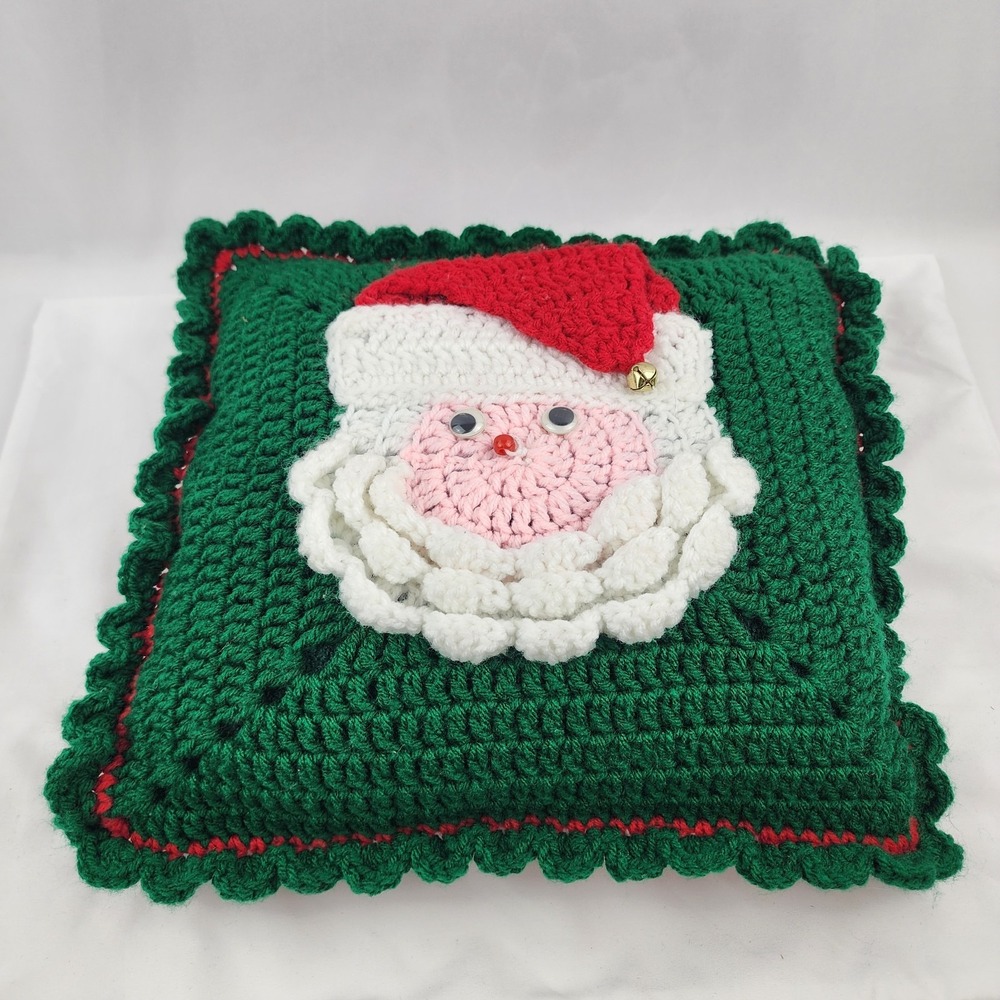 Crochet Santa Pillow 14"x13" Christmas Holiday Gift Jingle Bell Red Green - Picture 1 of 6